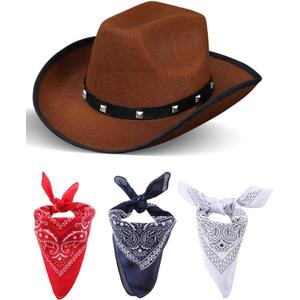 ROC PARTY Western Cowboy & Cowgirl Felt Hat with 3 Pcs Bandanas - Wild West Costume Accessory Set for Halloween & Dress-Up