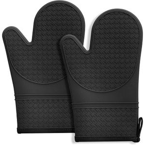 Hovico Silicone Oven Mitts, Heat Resistant 500F Kitchen Mitts 2PCS, 11.6" BPA-Free Soft Baking Gloves, Non-Slip Grip Oven Gloves with Soft Cotton Lining for Kitchen Cooking Baking BBQ - Black