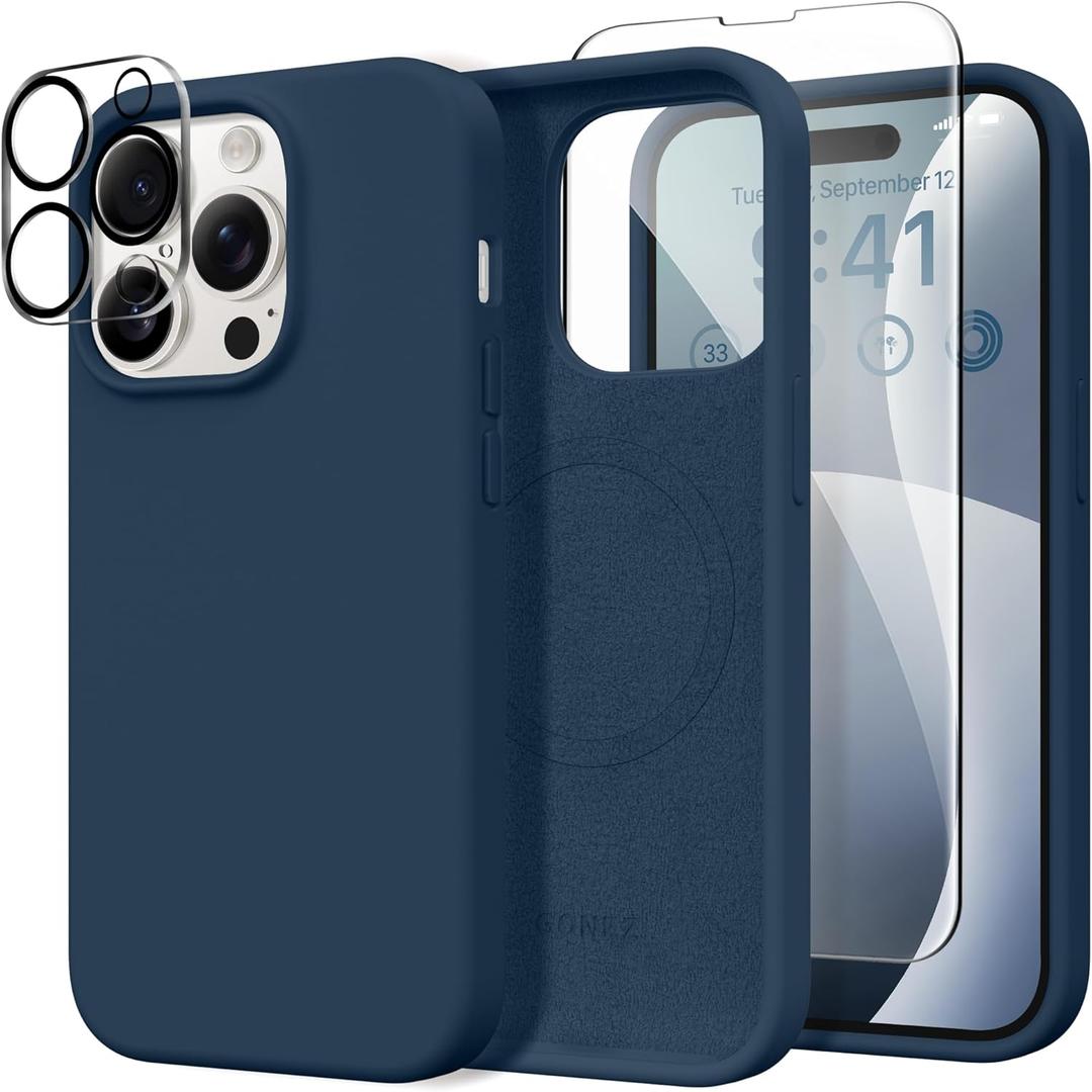 GONEZ for iPhone 14 Pro Max Case Silicone, Compatible with MagSafe, with Screen Protector + Camera Lens Protector, Liquid Silicone Shockproof Protective Phone 14 ProMax Case 6.7", Dark Blue