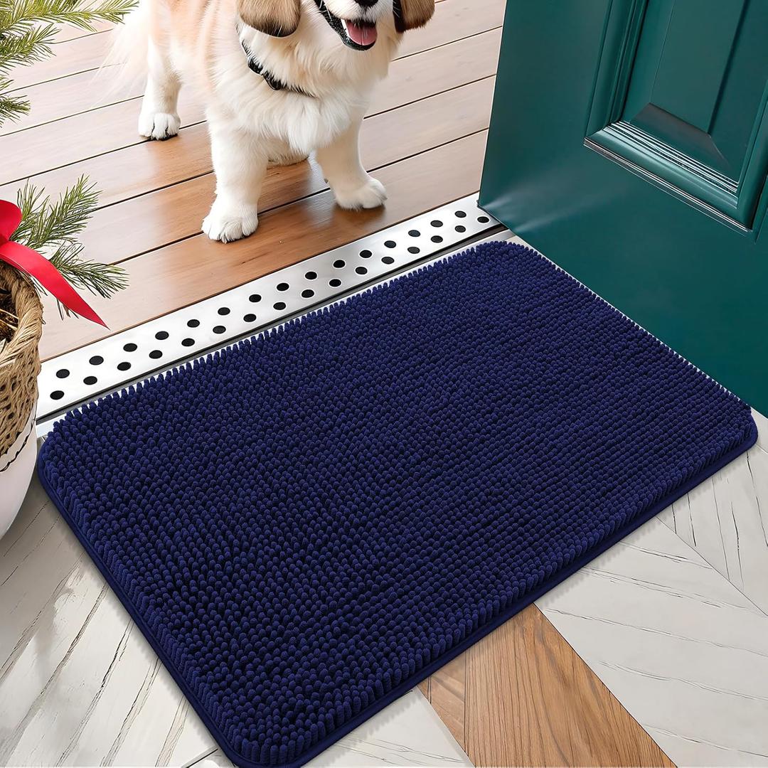 OLANLY Dog Door Mat for Muddy Paws 24x16, Absorbs Moisture and Dirt, Absorbent Non-Slip Washable Doormat, Quick Dry Chenille Mud Mat for Dogs, Entry Indoor Entryway Carpet for Inside Floor, Navy Blue (24" x 16")