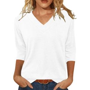JomeDesign Womens Tops 3/4 Length Sleeve Summer V Neck Shirts Casual Tunic Tops 2025 (Medium, White)