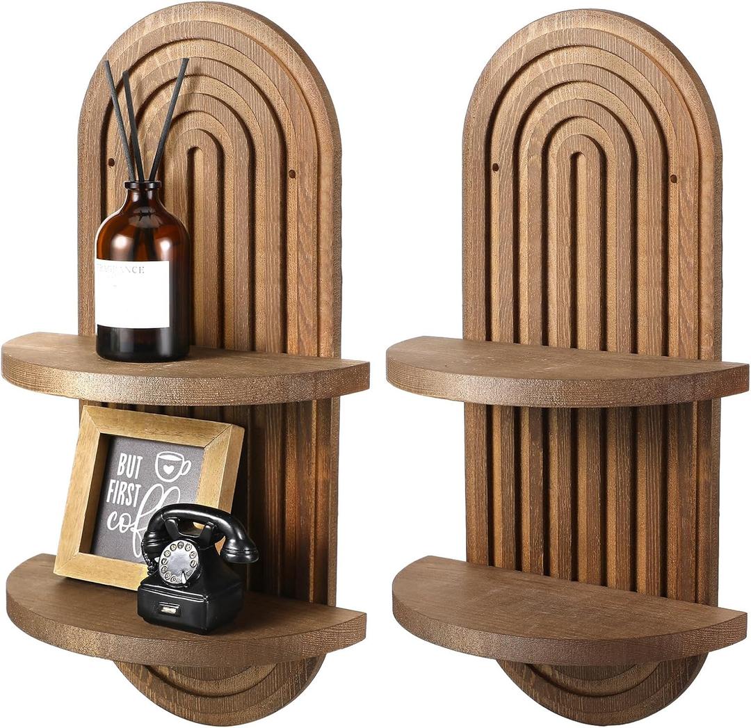Wenqik 2 Pcs Boho Wall Shelf Rainbow Arch Wooden Floating Shelf Mid Century Bohemian Hanging Holder Double Vintage Wall Mount Altar Decor for Nursery Bedroom 15.75 x 6.69 Inches(Brown)