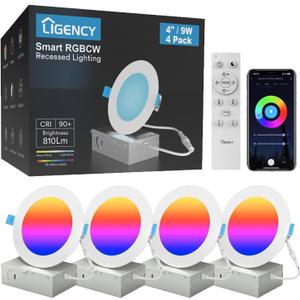 Ligency 4-Pack 4 Inch Smart Recessed Lighting, 9W 810LM Ultra-Thin Canless LED Downlight, RGBW Color Changing Wi-Fi Ceiling Light with Junction Box, Alexa/Google App Control - No Housing Required