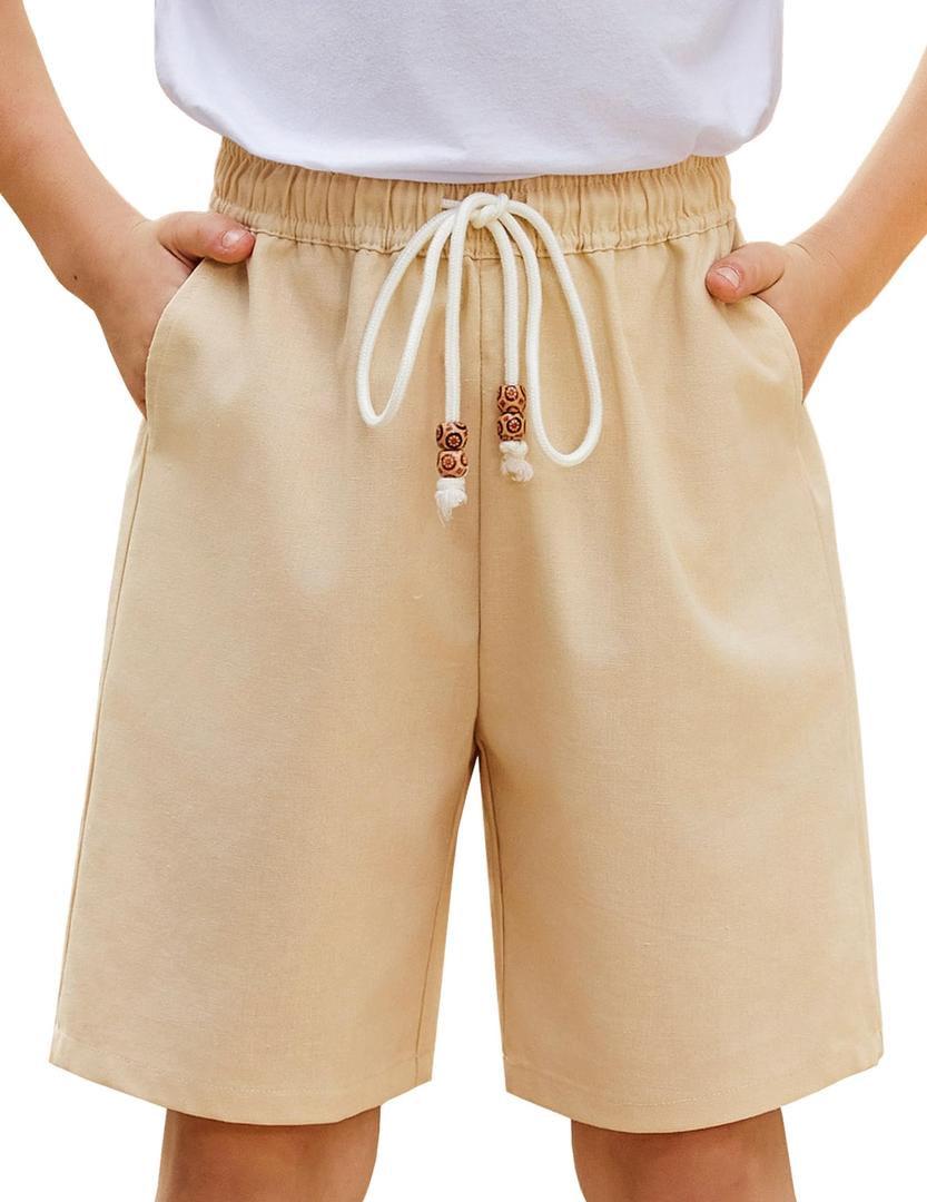 Arshiner Boys Cotton Linen Shorts Summer Beach Shorts Elastic Waist Drawstring Short with Pockets Size 6-18 Khaki