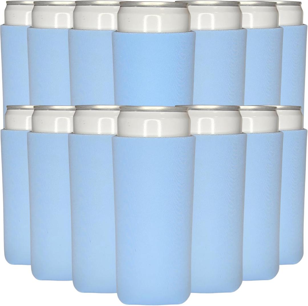 TahoeBay Slim Can Cooler Sleeves (50-Pack) Skinny Tall Cans 12 Oz Bulk Thin Seltzer Fit Sublimation Blanks for Vinyl Plain Blank Foam Beer Bottles Black White Assorted Solid Set (Placid Blue)