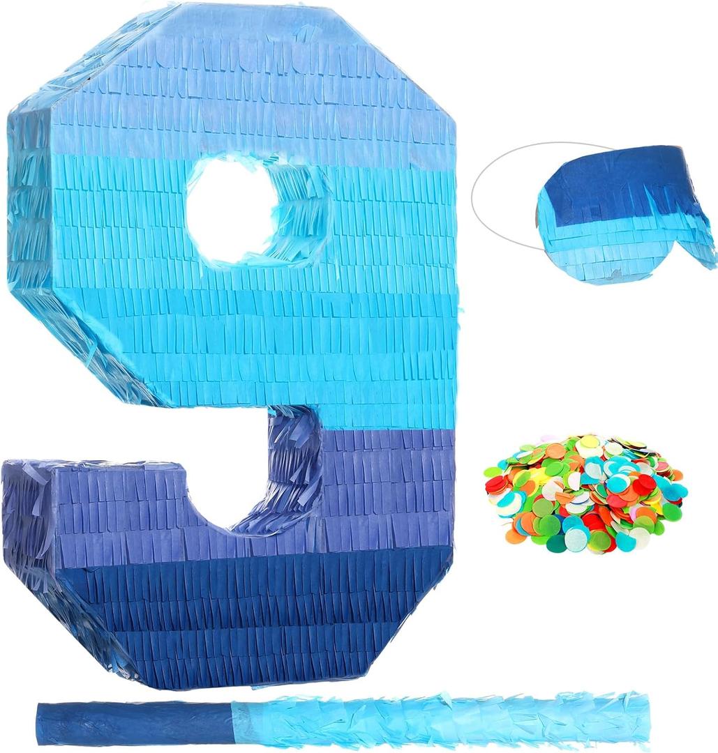 Sratte Number 1 2 3 4 5 6 7 8 9 Piata with Stick Blindfold Confetti, Gradient Blue Piata for Kids Boys Girls Birthday Party Anniversary Decorations Supplies(Number 9)