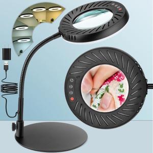 10X Magnifying Glass with Light and Stand, 5 Color Modes Stepless Dimmable LED Desk Lamp, Adjustable Flexible Gooseneck Lighted Magnifier Hands Free for Close Works, Crafts, Hobby, Reading, Painting (Black)