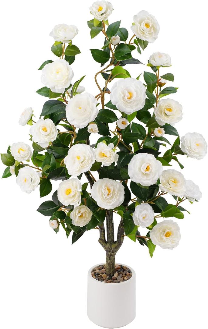 3.6FT Artificial Camellia Fake Tree Faux Plants for Home Office Living Room Porch Patio Decor Indoor Outdoor (1, White-3.6Ft)