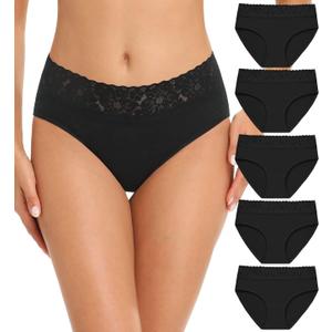 RHYFF Womens Underwear Cotton Bikini Panties Lace Soft Hipster Panty Ladies Stretch Full Briefs 5 Pack (Large)