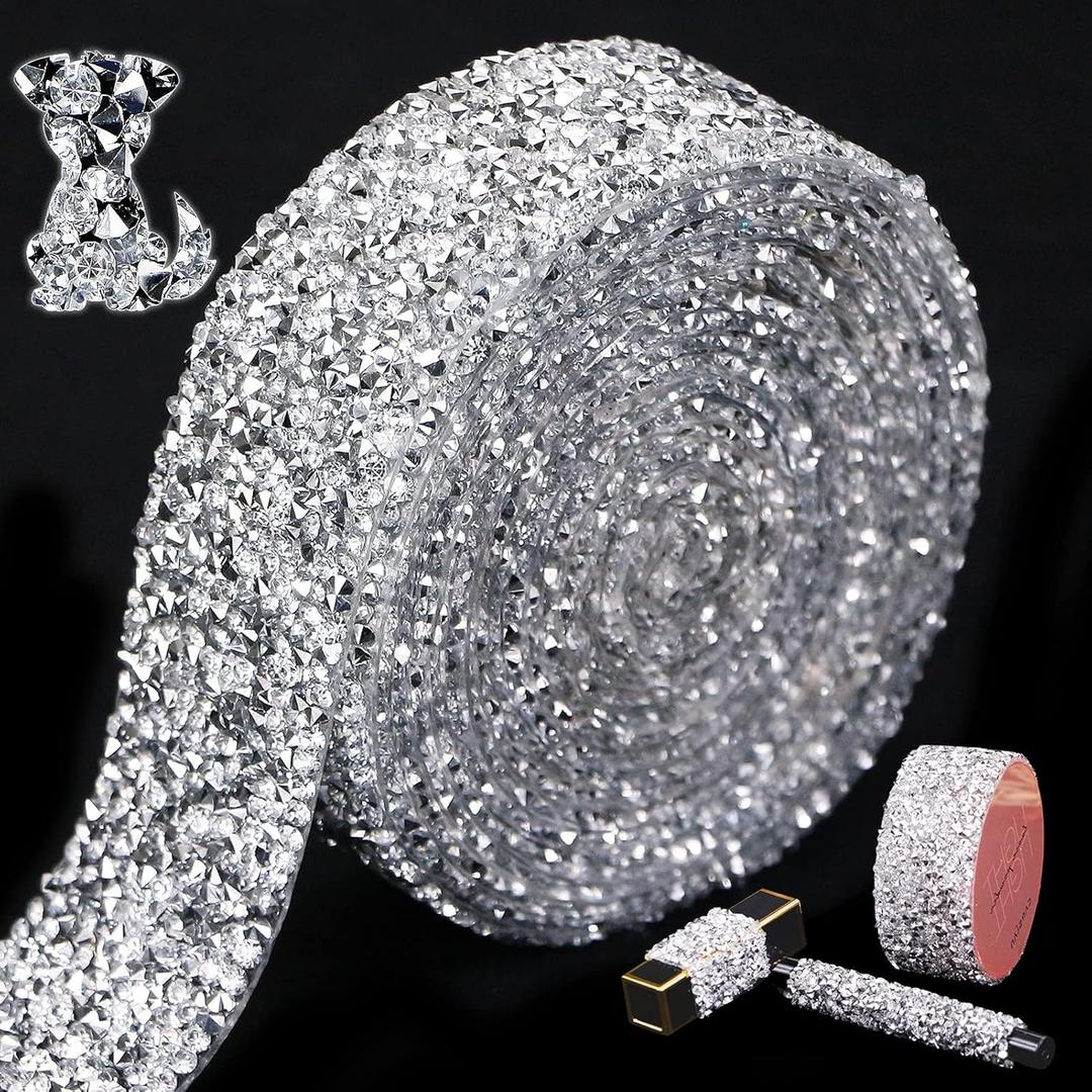Locacrystal Bling Crystal Rhinestone Ribbon Self-Adhesive Iron on Resin Diamond Ribbon Wrap Roll DIY Bling Stickers for Wedding Clothing Cars Crafts Dress Decoration, Silver,1.18inch x 3yard