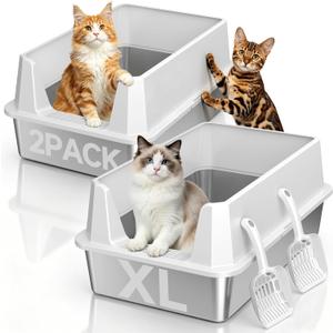 2 Pack XL Stainless Steel Litter Box with High Sides, Metal Litter Box