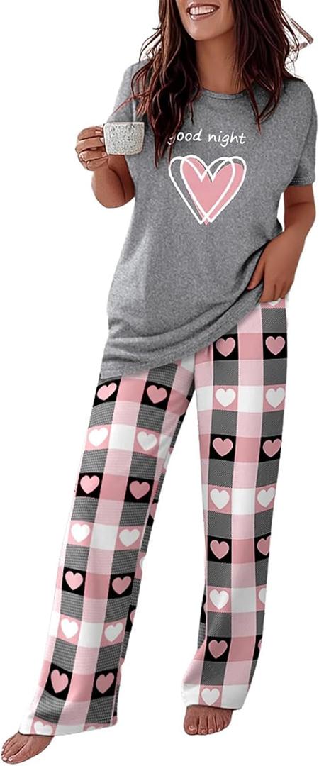 CHICME Womens Pajamas Sets 2 Piece Short Sleeve Lounge Set Printed Loose Pants Pj Sets Loungewear Set (XX-Large, D-heart Gray)