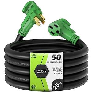 RVMATE 50 Amp 25 Feet RV/EV Extension Cord, Easy Plug in Handle, 14-50P to 14-50R with LED Indicator, ETL Listed, Come w/Storage Bag and Plastic Strap