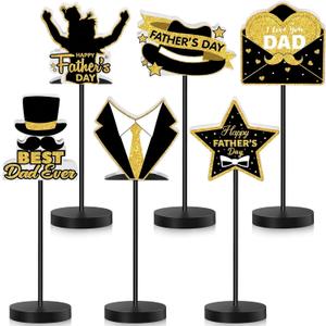 Wenqik 6 Pcs Father's Day Decoration Wooden Happy Father's Day Table Centerpiece Black and Gold Tall Standing Best Dad Wood Block Sign for Home Shelf Tabletop Party Tiered Tray Decor Dad Gifts