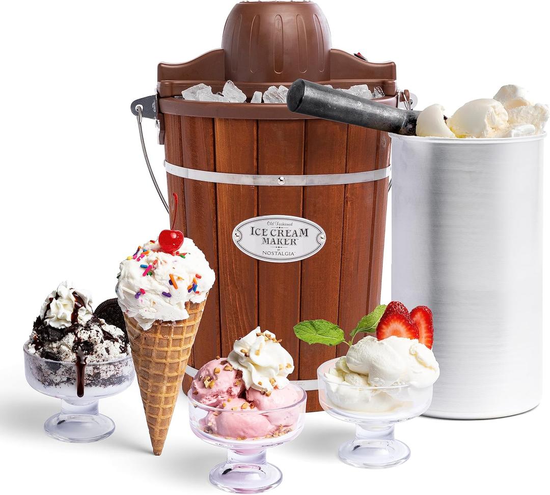 Nostalgia Electric Ice Cream Maker - Old Fashioned Soft Serve Ice Cream Machine Makes Frozen Yogurt or Gelato in Minutes - Fun Kitchen Appliance - Vintage Wooden Style - Dark Wood - 6 Quart (6 Qt)