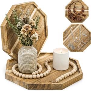 Nagpew 2 Pieces Wood Decorative Trays, Acacia Candle Holder Plate for Centerpiece, Octagonal Serving Tray Appetizer Board for Home, Living Room, Bathroom, Kitchen