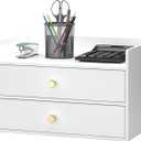 Bamboo Desk Organizer with Drawers Wooden Desktop Storage Organization Box for Bills Office Supplies Kitchen Utensils Organizing Tool for Home Classroom Vanity, No Assembly Required (2 Drawers, White)