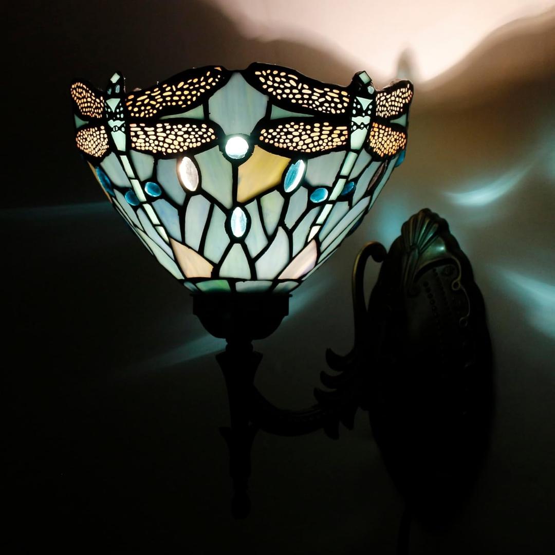 Tiffany Wall Sconce Lamp Stained Glass 8X10.5X11 Inch Plug in Wall Bedside Light for Hallway Bedroom (Sea Blue Dragonfly Style)