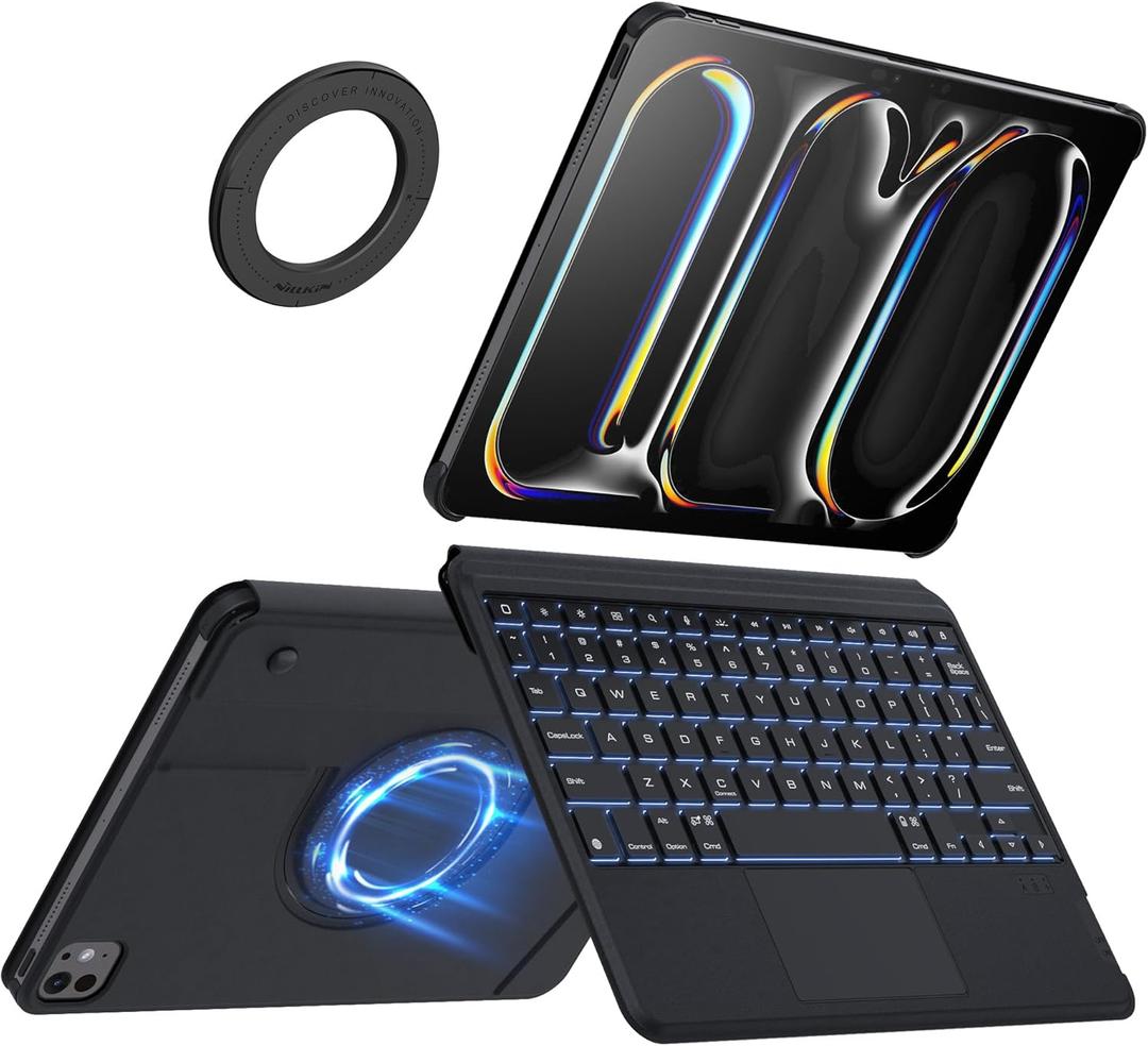 Nillkin iPad Pro 11 inch (M4, 2024) Case with Detachable Keyboard, Adhesive Cover with Keyboard, Magic Trackpad, 7-Color Backlit, Adjustable Stand, Slim Magnetic Backplate with iPad Wall Mount, Black