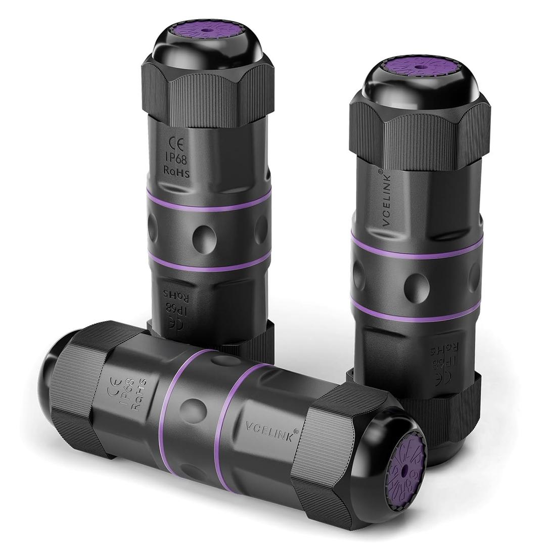 VCELINK Waterproof RJ45 Coupler IP68 Short Profile, Cat6/Cat5E/Cat5 Waterproof Ethernet Connector Shielded, Outdoor Network LAN Cable Extender PoE, 3.23in (Purple-3 Pack) (Versatile - 3.64" Module)