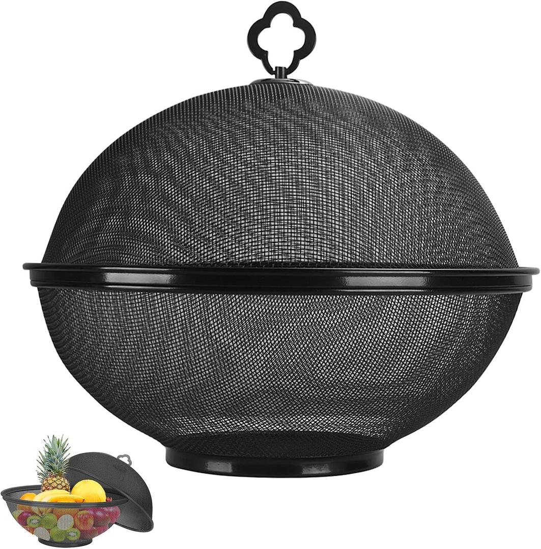 Metal Mesh Fruit Bowl with Lid & Basket - Fruit Fly Proof Kitchen Counter Storage for Fruits & Veggies (Black/1PCS)