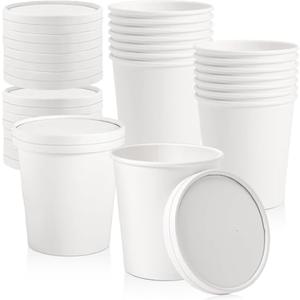 CLRBEATTY 25 Pack Paper Soup Containers with Lids,16 oz White To Go Soup Cups,Disposable Paper Food Containers,Ice Cream Cup Dessert Bowls for Hot and Cold Foods,Microwavable Freezer Safe
