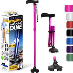Walking Cane for Women & Men - Self Standing Adjustable Folding Cane with T Handle and 360 Pivot Base - Lightweight Foldable Walking Stick for Seniors - Collapsible Cane for Walking