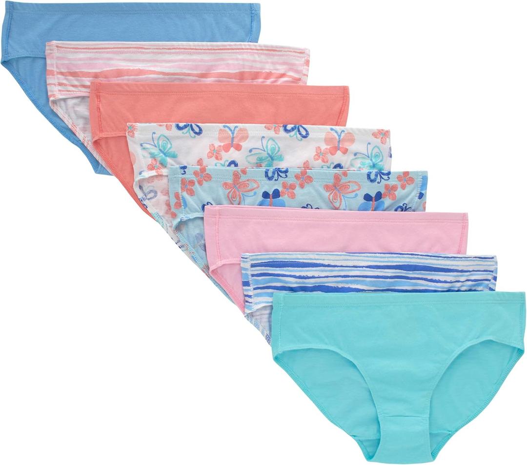 Hanes girls Organic Underwear, Brief & Hipster, Toddler & Girl Sizes, Pure Comfort Organic 100% Cotton Panties, 8-pack (Hipster - Pink Blue Solids & Patterns) Size 8