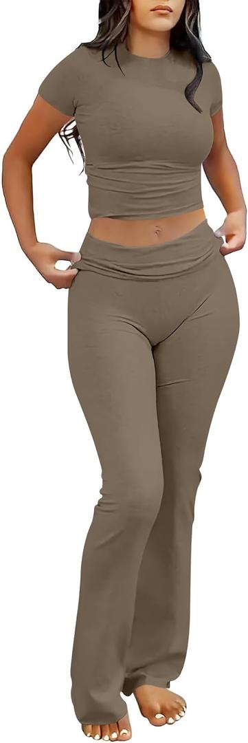 ANRABESS Lounge Sets for Women 2 Piece Foldover Yoga Flare Leggings Pants Crop Tops Casual Y2K Outfits Matching Tracksuit Set (Brown, S)