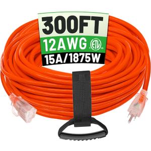 POWGRN 300 ft 12/3 Outdoor Extension Cord Waterproof Heavy Duty with Lighted End 12 Gauge 3 Prong, Flexible Cold-Resistant Long Power Cord Outside, 15Amp 1875W SJTW Orange ETL Listed
