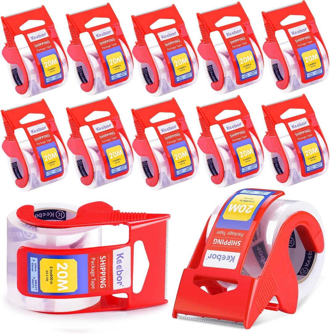 12 Rolls Packaging Tape with Dispenser, Heavy Duty Packing Tape, Clear Tape for Shipping Mailing Wrapping, 1.5'' Core