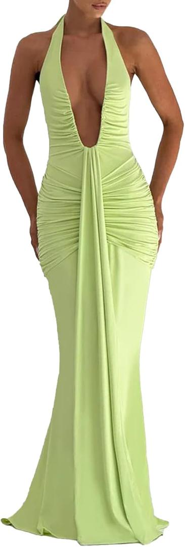 ABYOVRT Women Deep V Neck Ruched Maxi Dress Sleeveless Halter Gown Cocktail Evening Formal Dresses (Green, S)