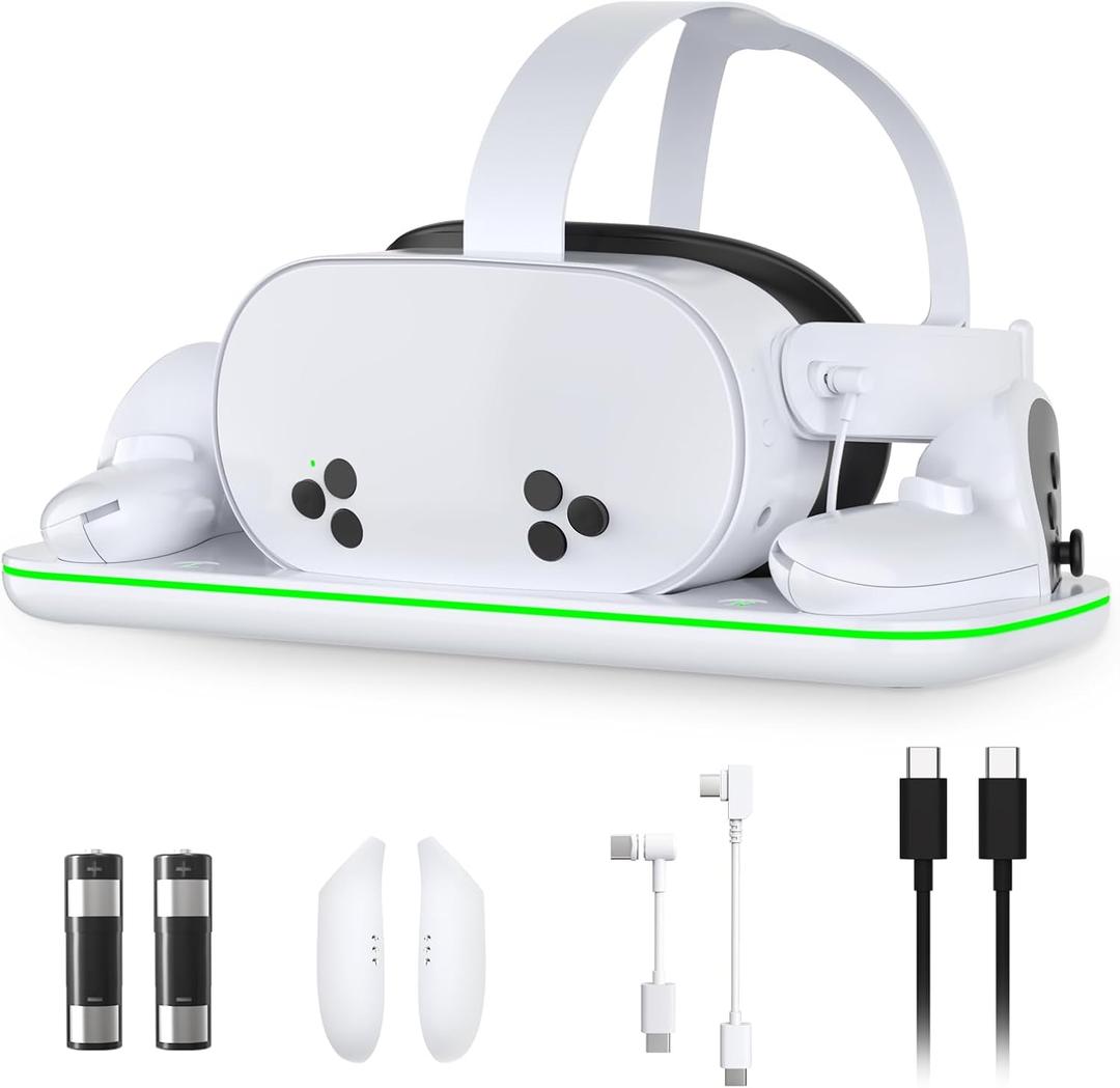 Charging Station for Meta Quest 3 and Oculus Quest 3S, VR Accessories Charging Station with LED Light for Oculus Quest 3/ 3S, Charger Stand with 2 Rechargeable Batteries, Magnetic Charging Design