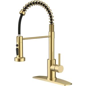 QFN Gold Kitchen Faucet with Pull Down Sprayer, Stainless Steel Commercial Single Handle Classic Spring Kitchen Sink Faucet with Deckplate Fit for 1 or 3 Hole for Farmhouse Rv Laundry Room