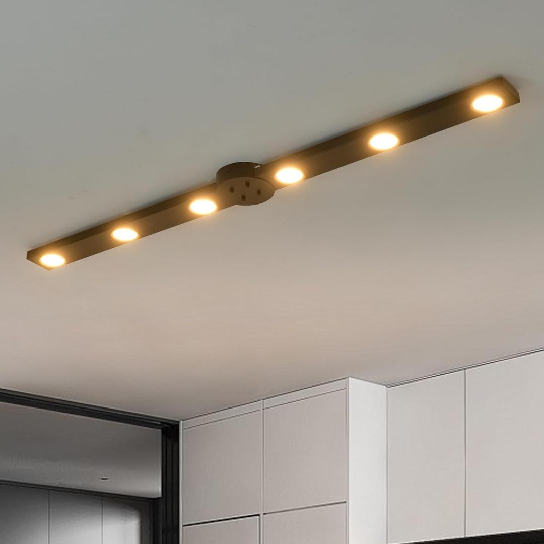 Garwarm Modern Ceiling Light Track Lighting, 47 Inch Dimmable LED Kitchen Ceiling Light Fixture with Remote 6-Light LED Chandelier for Bedroom Dining Room 30W Black