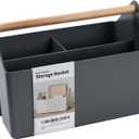 BLUE GINKGO Medium Storage Basket Plastic Caddy with Wooden Handle for Office, Arts & Crafts, or Home Supplies (Gray)