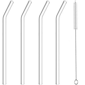 YOGURTCK 4pcs Reusable Clear Glass Drinking Straws, 7.88" x 8MM, Bent Glass Drinking Straws, with 1 Cleaning Brushes, Perfect for Smoothies, Milkshake, Frozen Drinks, Tea, Juice, Coffee