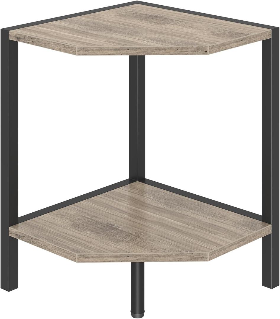 Corner Shelf Stand, 2 Tier Industrial Corner Bookshelf, Multipurpose Standing Corner Display Shelf Countertop Organizer for Living Room Kitchen Bedroom Office, Greige