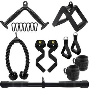 LAT Pulldown Attachments, Cable Machine Attachment Gym Accessories, Cable Attachments for Gym, Home Gym Accessories (Tricep Rope +Double D+ Straight Bar +V Bar+Ankle Straps+Cable Machine Handles+Snap Hooks+Lifting Wrist Straps)