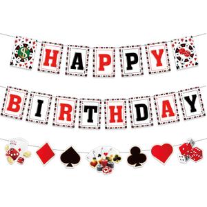 Casino Theme Party Decorations - Pre-Strung Poker Happy Birthday Banner Casino Paper Garland Las Vegas Poker Night Party Supplies