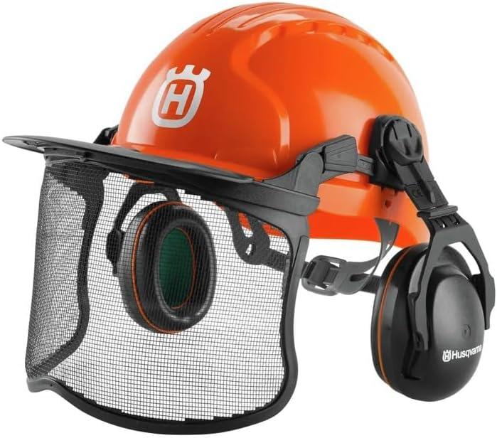 Husqvarna 592752601 Chainsaw Helmet with Metal Mesh Face Shield, Adjustable Ear Muffs for Hearing Protection, and Sun Peak, HDPE Forestry Helmet Shell, Orange