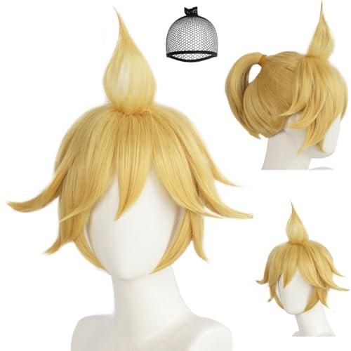IMEYLE Blonde Yellow Cosplay Wig Short Blonde Ponytail Wigs with Bangs Short Blond Wigs for Halloween Party Yellow Twins Cosplay for Anime Costume Outfit+Hair Cap
