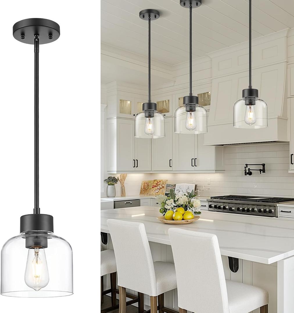 Black Pendant Lights Kitchen Island, 7" Hanging Lights Fixtures with Clear Glass Shade, Modern Kitchen Pendant Lighting Over Island for Dining Room, AD-24024-1P-BK