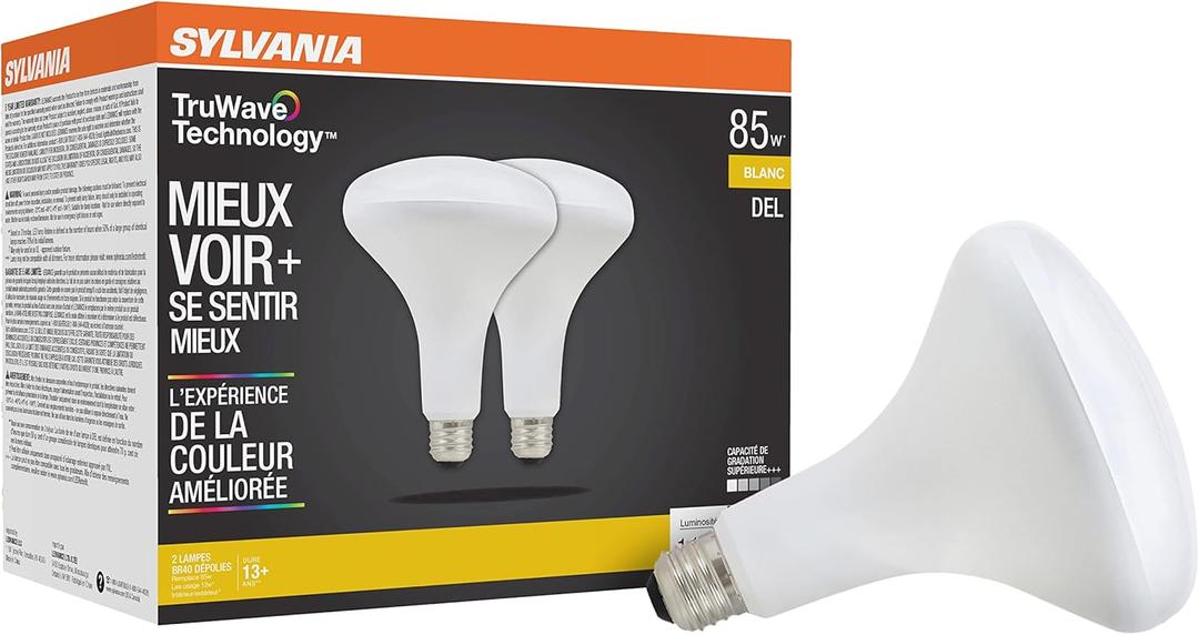 Sylvania LED TruWave Natural Series BR40 Light Bulb, 85W Equivalent Efficient 12W, 1100 Lumens, Medium Base, Dimmable, Frosted, 3000K, White - 2 Pack (40786)