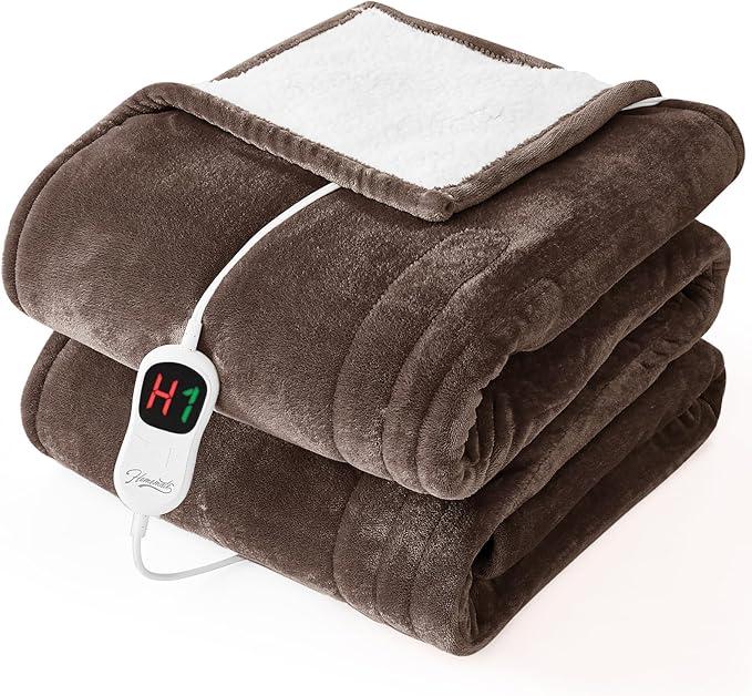 Homemate Electric Heated Blanket Twin  62"x84" Heating Bed Blankets Throw with 10 Heating Levels 8 Hours Auto Off Fast Heating OverHeated Protection Ultra Soft Warm Flannel ETL Certified Brown