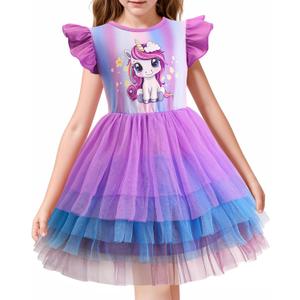 LQSZ Girls Tulle Dresses Princess Flutter Sleeve Tutu Dress for Toddler Girl 3-12 Years (Purple)