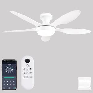 Ceiling Fan with Lights, 46 Inch Low Profile Ceiling Fan with Light and Remote/APP Control, Flush Mount, 6 Speeds Reversible, Dimmable Noiseless Ceiling Fans for Bedroom, Indoor/Outdoor, White
