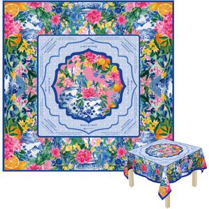Mahjong Tablecloth 55" x 55" Mahjong Mat with Walls Left Play Right Indicators Pink Floral Blue Ginger Jar Design Mahj Table Cover for Mahj Beginners Card Board Tile Games Party Favor Supply