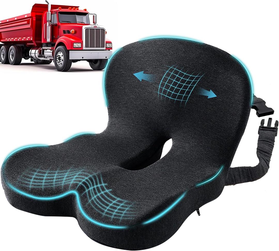Ergonomic Seat Cushion with Adjustable Strap, Memory Foam Office Chair Seat Cushion with L-Shaped Design, Car Seat Cushion Fits for Truck Driver Semi Truck, Gaming Chair, Desk, Dark Gray, One Size