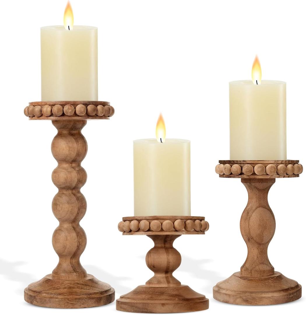 Mumufy 3 Pcs Candle Holders for Pillar Candles Rustic Farmhouse Home Decor Decorative Washed Beaded White Black Wood Candle Holder Country Style for Table Mantel Fireplace Wedding(Pine Brown,Small)